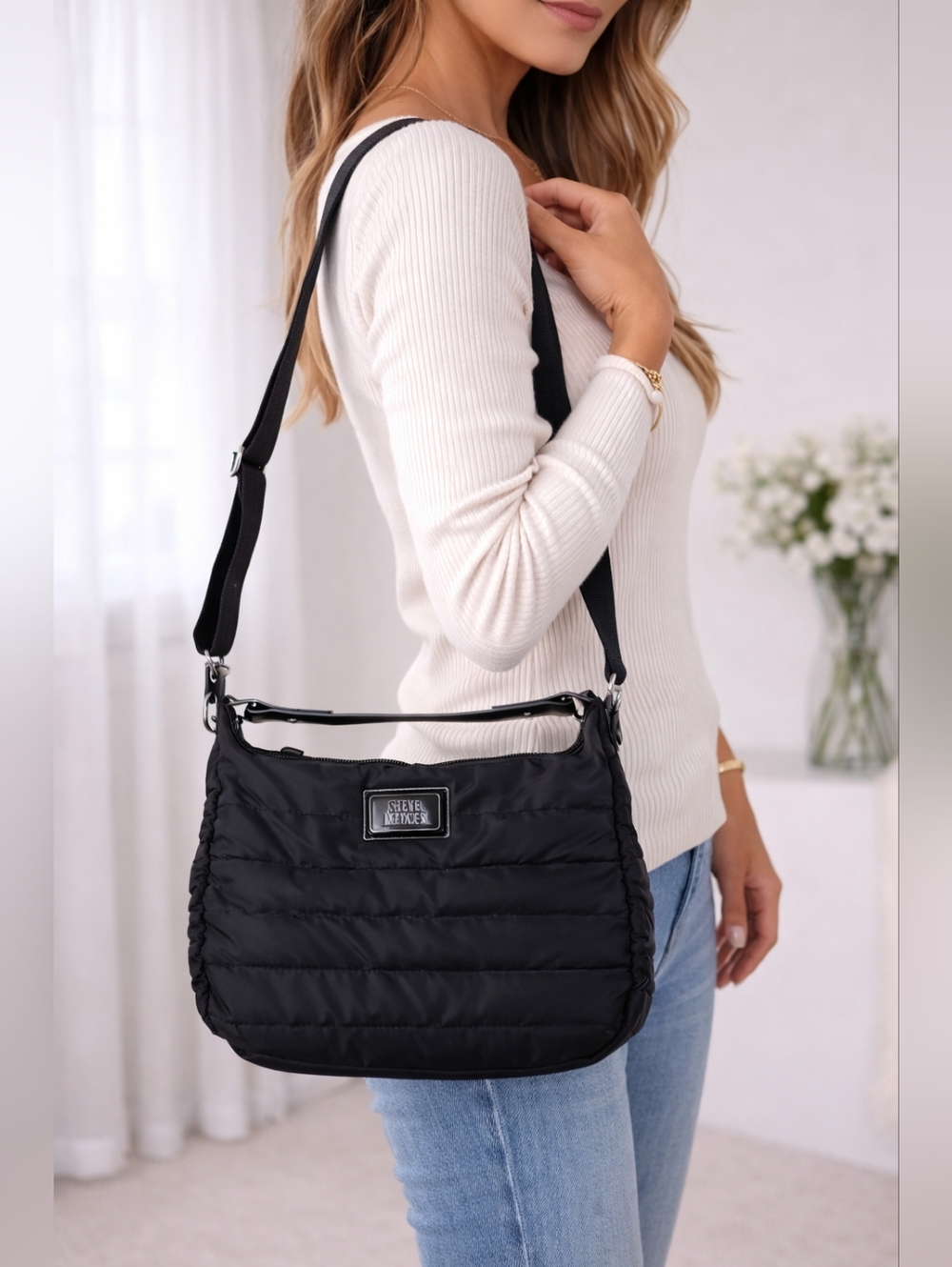 Steve Madden Black Puffer Crossbody Bag Adjustable Strap Lightweight Quilted